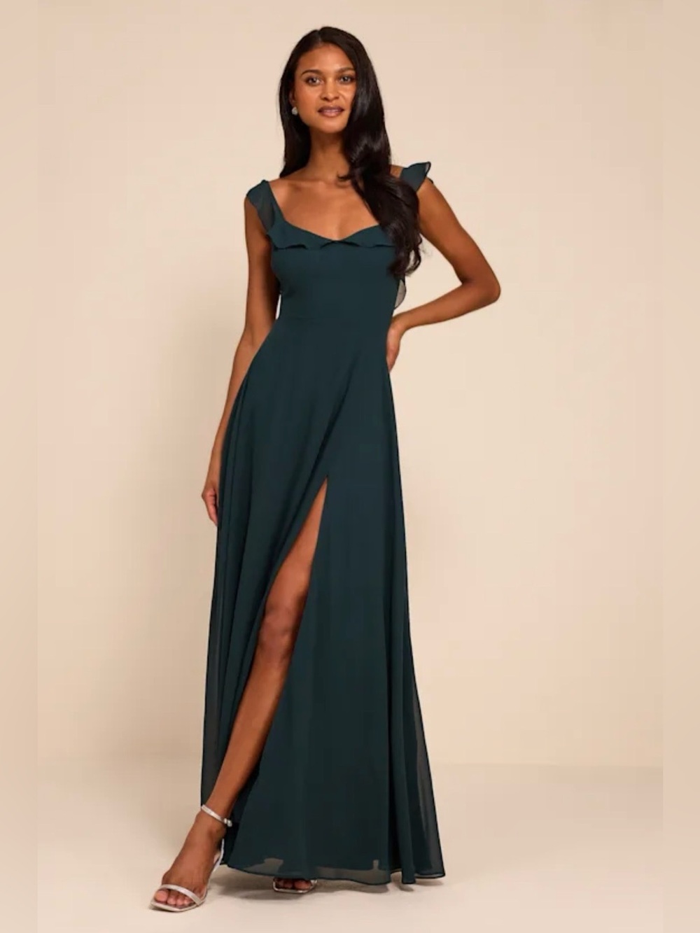 Lulus Dreamy Admiration Emerald Green Ruffled Maxi Dress - Size XS